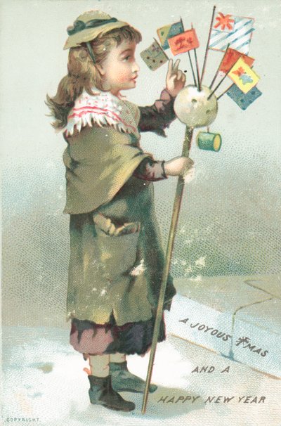 Jente som vinker med flagg, julekort av English School