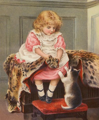 Jente med leopardhud og huskatt (chromolitho) av English School