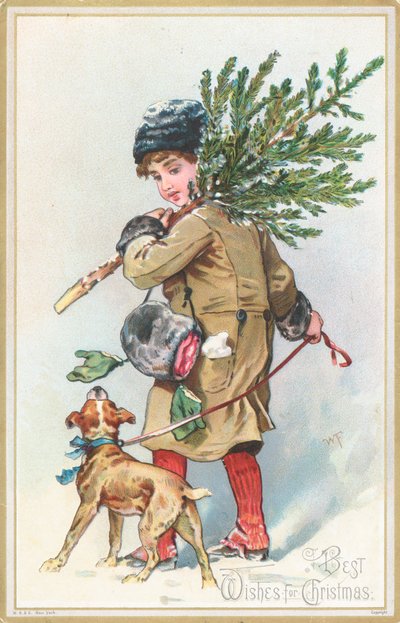 Jente med hund som bærer juletre, julekort av English School