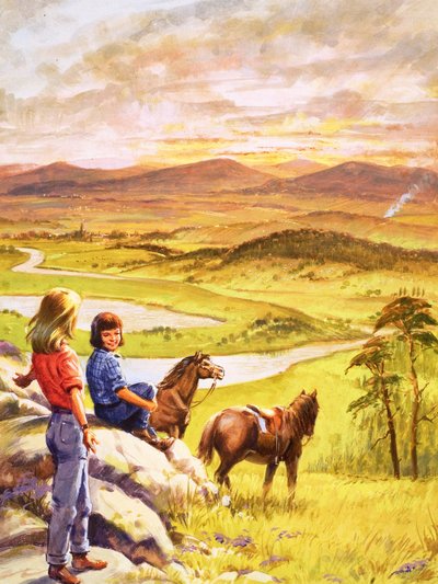 Jenter og ponnier som ser utover landskapet (gouache på papir) av English School