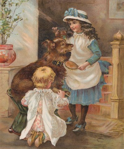 Jenter som steller hunden sin (chromolitho) av English School