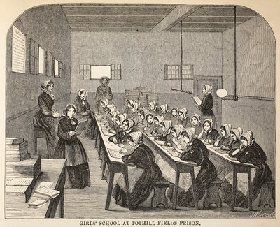 Jenteskole ved Tothill Fields Prison, illustrasjon fra The Criminal Prisons of London og Scenes from Prison Life av Henry Mayhew og John Binny, pub. 1862 av English School