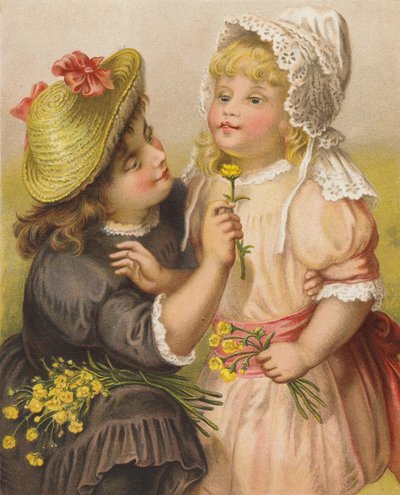 Jenter med smørblomster (chromolitho) av English School