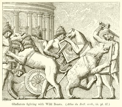 Gladiatorer som kjemper med ville dyr. (Atlas du Bull. arch., iii. pl. 37) av English School