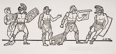 Gladiatorer, fra et veggmaleri i Pompeii, illustrasjon fra The Outline of History av H.G. Wells, bind I, utgitt i 1820 av English School