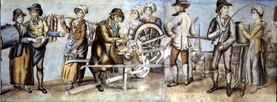 Går til messen, detalj av en knivsliper og håndverkere og kvinner, ca. 1815 (wc med gouache på papir) (se også 107509 og 107510) av English School