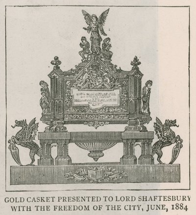 Gullkiste presentert til Lord Shaftesbury med byens frihet, juni 1884 av English School