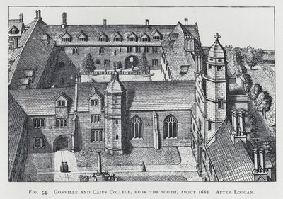 Gonville og Caius College, fra sør, ca 1688, etter Loggan (gravering) av English School
