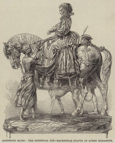Goodwood Races, Goodwood Cup, Equestrian Statue of Queen Elizabeth (gravering) av English School