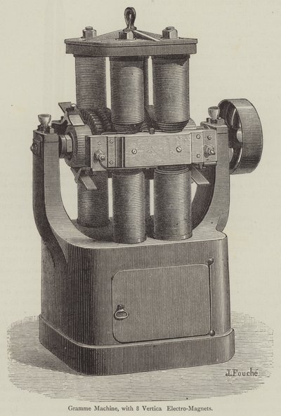 Gramme Machine, med 8 vertikale elektromagneter (gravering) av English School
