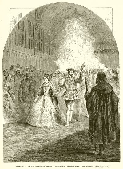 Grand Ball på Old Greenwich Palace: Henry VIII. danser med Anne Boleyn av English School
