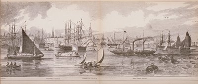 Grand Panorama of London, fra Themsen med utsikt mot Shadwell, East India Docks and Limehouse, 1849 (tregravering) av English School