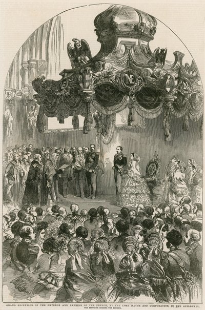 Stor mottakelse av franskmennenes keiser og keiserinne av Lord Mayor and Corporation i Guildhall, London av English School