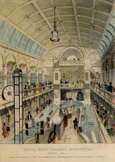 Great Hall of the Royal Polytechnic Institution, Regent Street, trykt av G.J. Cox, ca. 1840 av English School