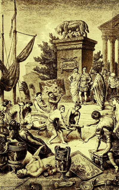Gresk kultur - statuer og kunstverk fraktet til Roma, illustrasjon fra The Illustrated History of the World, publisert ca. 1880 (digitalt forbedret bilde) av English School