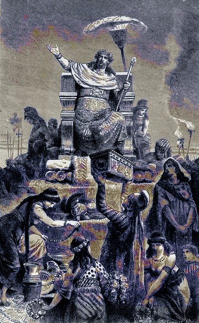 Gresk degenerasjon - Croesus på begravelseshaugen, illustrasjon fra The Illustrated History of the World, publisert ca. 1880 (digitalt forbedret bilde) av English School