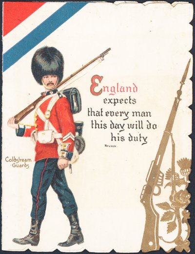 Gratulasjonskort med en soldat fra Coldstream Guards av English School