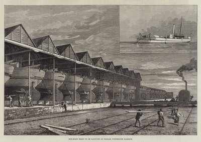 Gun-Boats klare til å bli lansert ved Haslar, Portsmouth Harbour (gravering) av English School