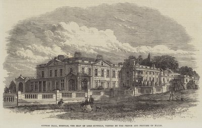 Gunton Hall, Norfolk, setet til Lord Suffield, besøkt av prinsen og prinsessen av Wales (gravering) av English School