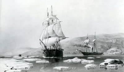 HMS Assistance og Pioneer bryter ut av vinterkvarteret i 1854 (litografi) av English School