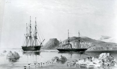 HMS Assistance in Tow of Pioneer passerer John Harrow Mount, North Wellington Channel i 1853 (litografi) av English School