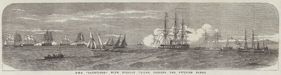 HMS "Dauntless," med russiske priser, passerer den svenske flåten (gravering) av English School