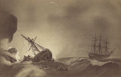 HMS Impetueux, kommandert av kaptein Thomas Byam Martin, reddet mannskapet på HMS Venerable, under kommando av kaptein J Hunter, vraket i Torbay, Devon, 24. november 1804 (litho) av English School