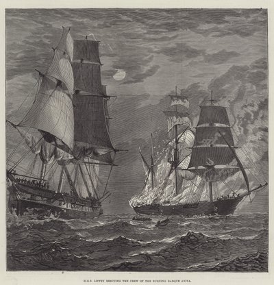HMS Liffey redder mannskapet på den brennende barken Anita (gravering) av English School