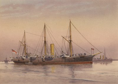 HMS Mohawk , krysser av 3. klasse (fargelitografi) av English School