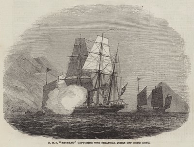 HMS "Reynard" fanger Two Piratical Junks utenfor Hong Kong (gravering) av English School
