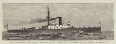 HMS "Trafalgar," den største jernbelagte i den britiske marinen, skutt opp i Portsmouth 20. september (gravering) av English School