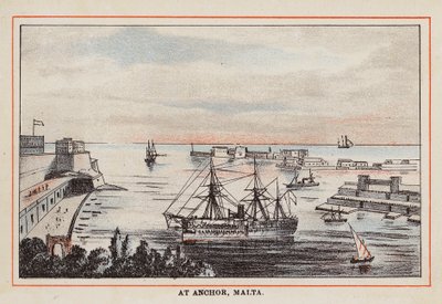 HM indisk troppeskip: For anker, Malta (farget gravering) av English School