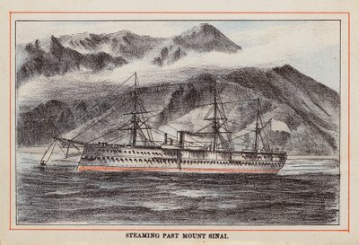 HM indisk troppeskip: Dampende forbi Sinai-fjellet (farget gravering) av English School