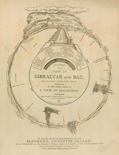 H A Barkers utsikt over Gibraltar og Bay, Panorama, Leicester Square, London av English School