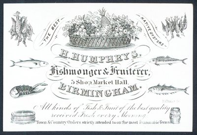 H Humphrys, fiskehandler og frukthandler, handelskort av English School