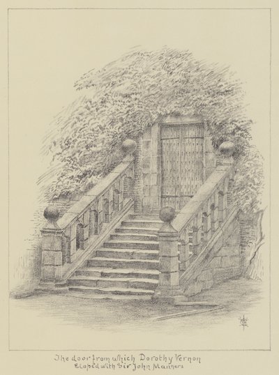 Haddon Hall, døren som Dorothy Vernon stakk fra med Sir John Manners (litho) av English School