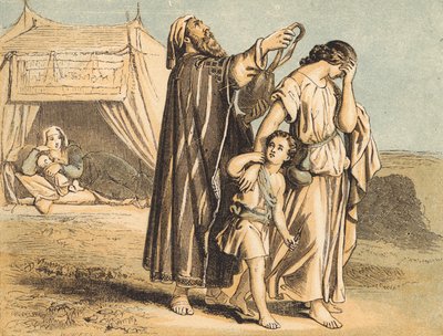 Hagar og Ismael sendt bort (farget gravering) av English School