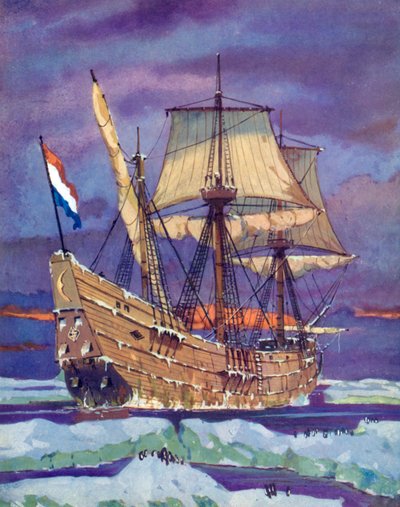 Halve Maen, eller Half Moon, Henry Hudson (farge litho) av English School