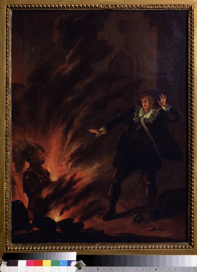 ""Hamlet vendt mot sin fars spøkelse"" (Hamlet and the Ghost of His Father) Illustrasjon til skuespillet Hamlet av William Shakespeare (1564-1621) Maleri fra den engelske skolen tidlig på 1800-tallet Dim. 65x51 cm Pushkin Museum , Moskva av English School