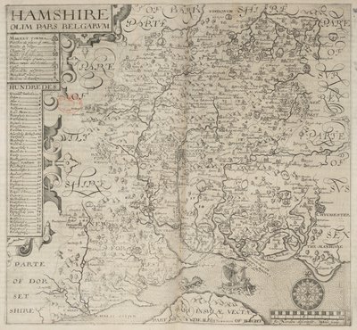 Hampshire, tidligere en del av belgierne. J. Norden beskrevet W. Hole sculp., fra Camdens "Britannia." 6. utgave. fol. 187 (gravering) av English School