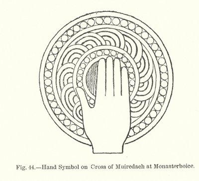 Håndsymbol på korset av Muiredach ved Monasterboice (gravering) av English School