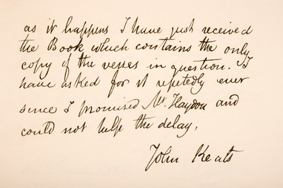 Håndskrift og signatur til John Keats av English School