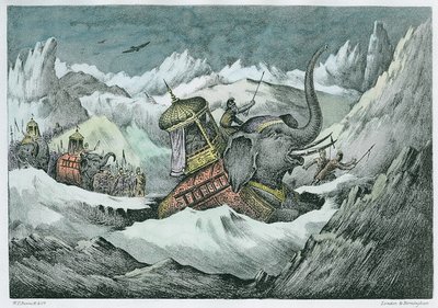 Hannibal (247-c.183 f.Kr.) og hans krigselefanter krysser Alpene (senere farge) av English School