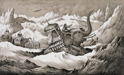 Hannibal (247-c.183 f.Kr.) og hans krigselefanter krysser Alpene av English School
