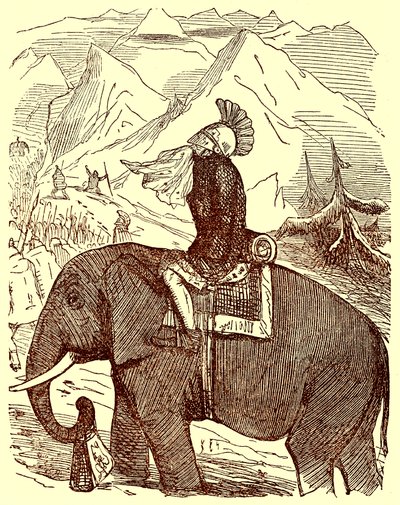 Hannibal Crossing the Alps, illustrasjon fra The Comic History of Rome av Gilbert Abbott a Beckett, publisert ca. 1850 (digitalt forbedret bilde) av English School