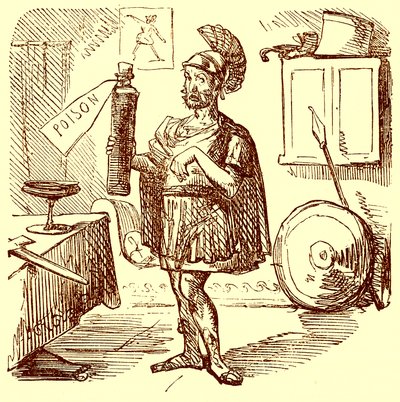 Hannibal holder den vanlige ryddige og passende talen Previous to Killing Himself, illustrasjon fra The Comic History of Rome av Gilbert Abbott a Beckett, utgitt ca. 1850 (digitalt forbedret bilde) av English School