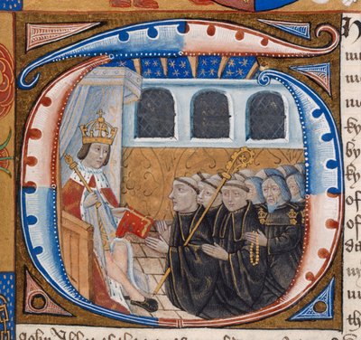 Harley 1498, f.59 Historiated Initial som viser kong Henry VII som mottar boken, illustrasjon fra 