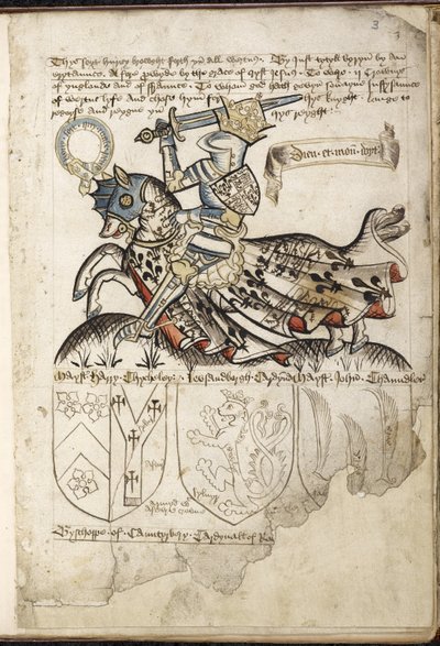 Harley 2169 f. 3 Henry VI til hest, våpenskjold i Henry VIs tid (vellum) av English School