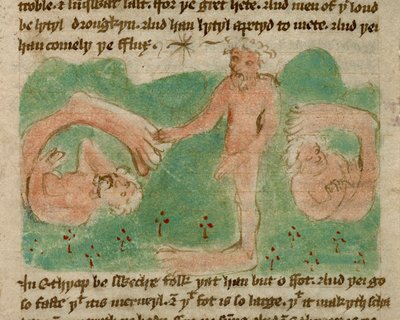 Harley 3954, f.31, En farget tegning som viser mytiske mennesker i Etiopia født med bare én fot (en sciopod), for å skygge dem for solen, fra 