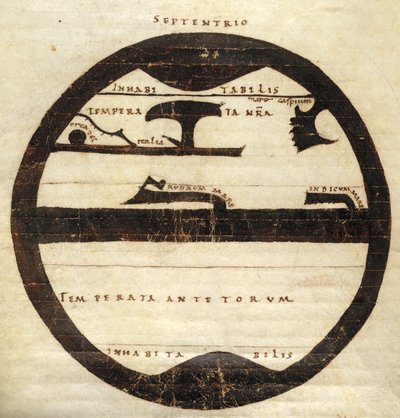 Harley MS 2772 f. 70v, Diagrammatic Zonal World Map, ca.1050 (blekk og tempera på pergament) av English School